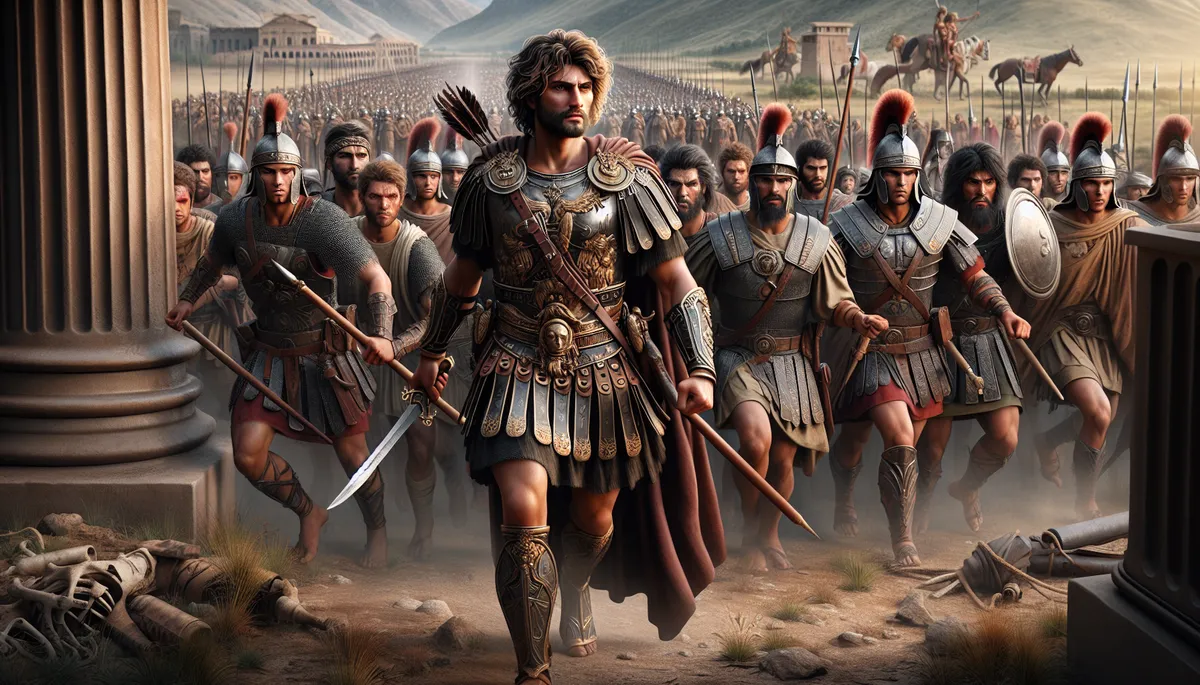 Soldiers in battle armour following bareheaded Alexander the Great