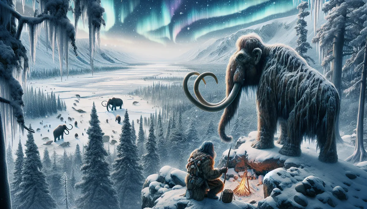 Ice Age in Europe with lone hunter, woolly mammoths and pines