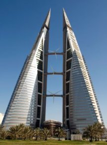 Wind Turbine Array Between Bahrain Towers - iStockPhoto