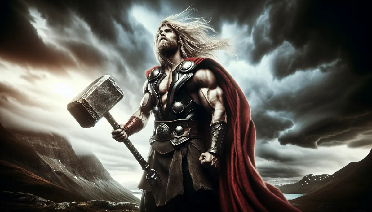 Thor with his hammer outlined by light breaking through surrounding dark clouds