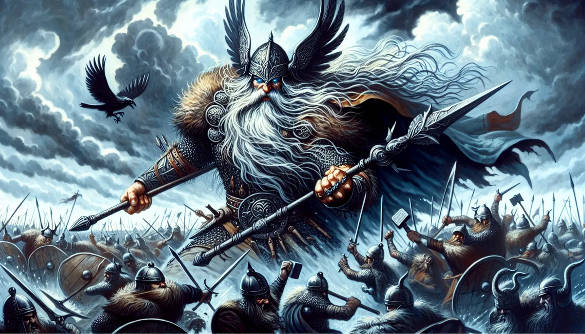 Anglo Saxon god Woden going into war, storm clouds about him